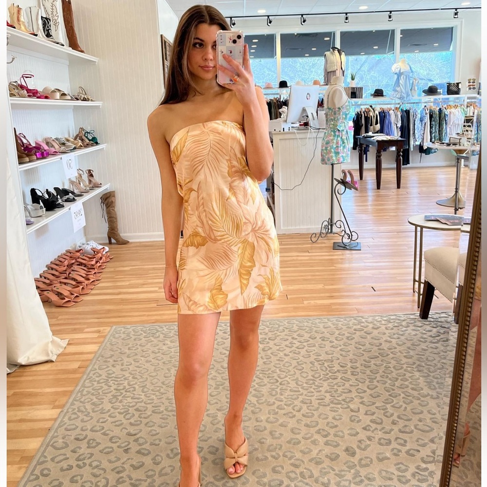 Dusty Palms Print Strapless Mini Dress